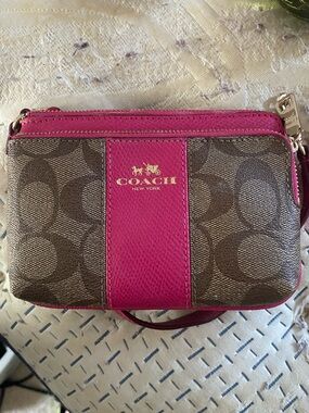 Coach Brown Signature Canvas Wristlet with Pink Stripe